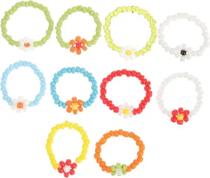 10Pcs Flower Bead Rings Cute Beaded Jewelry for Women Lightweight Durable Finger Rings for Beach Everyday Wear Present