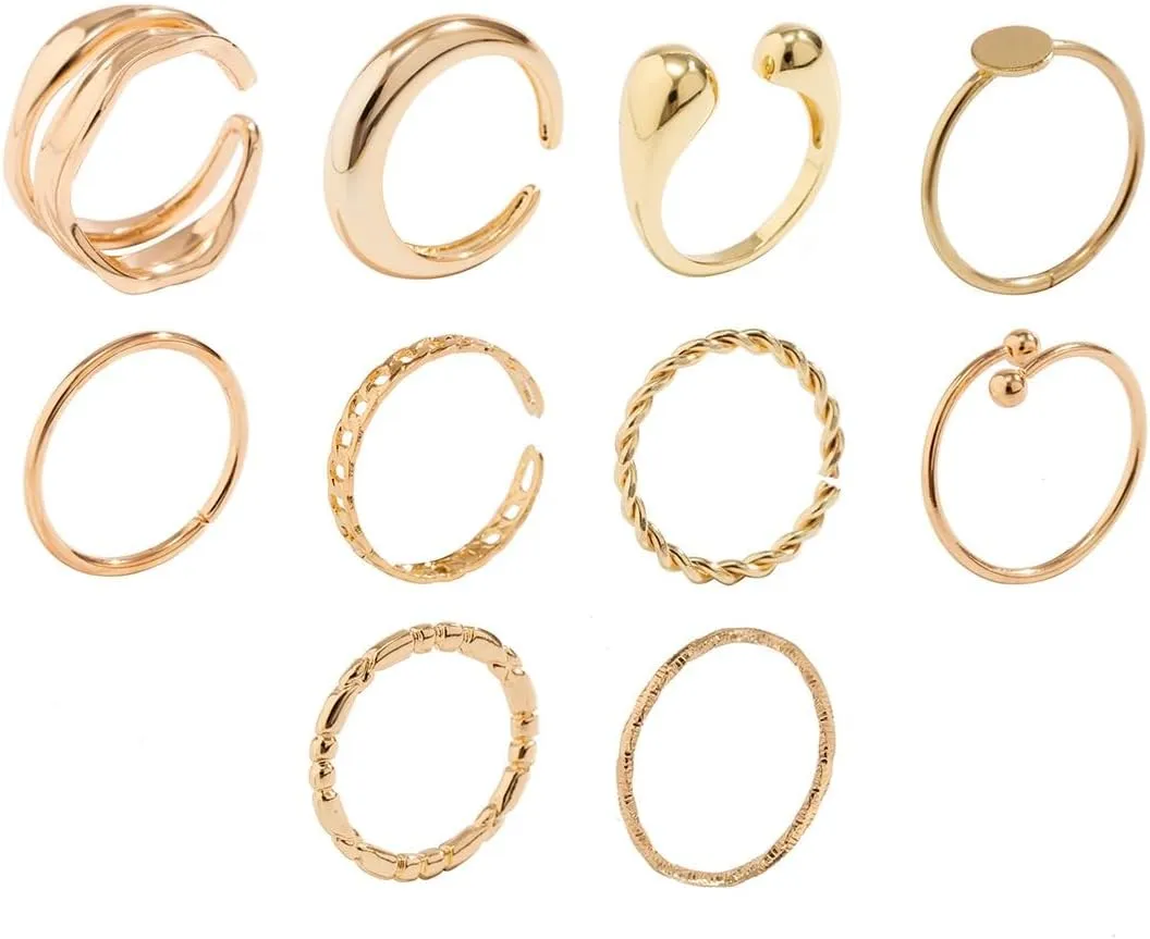 10PCS Women's Gold Ring Set Vintage Stackable Knuckle Rings  Trendy Geometric Arc Joint Rings Exaggerated Open Design