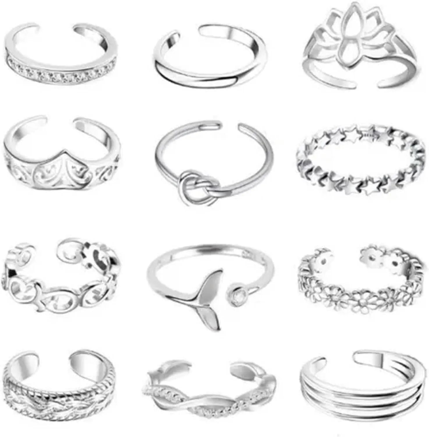 12Pcs/Set Jewelry Retro Open Toe Rings Foot Finger Charming Rings Adjustable-Silver