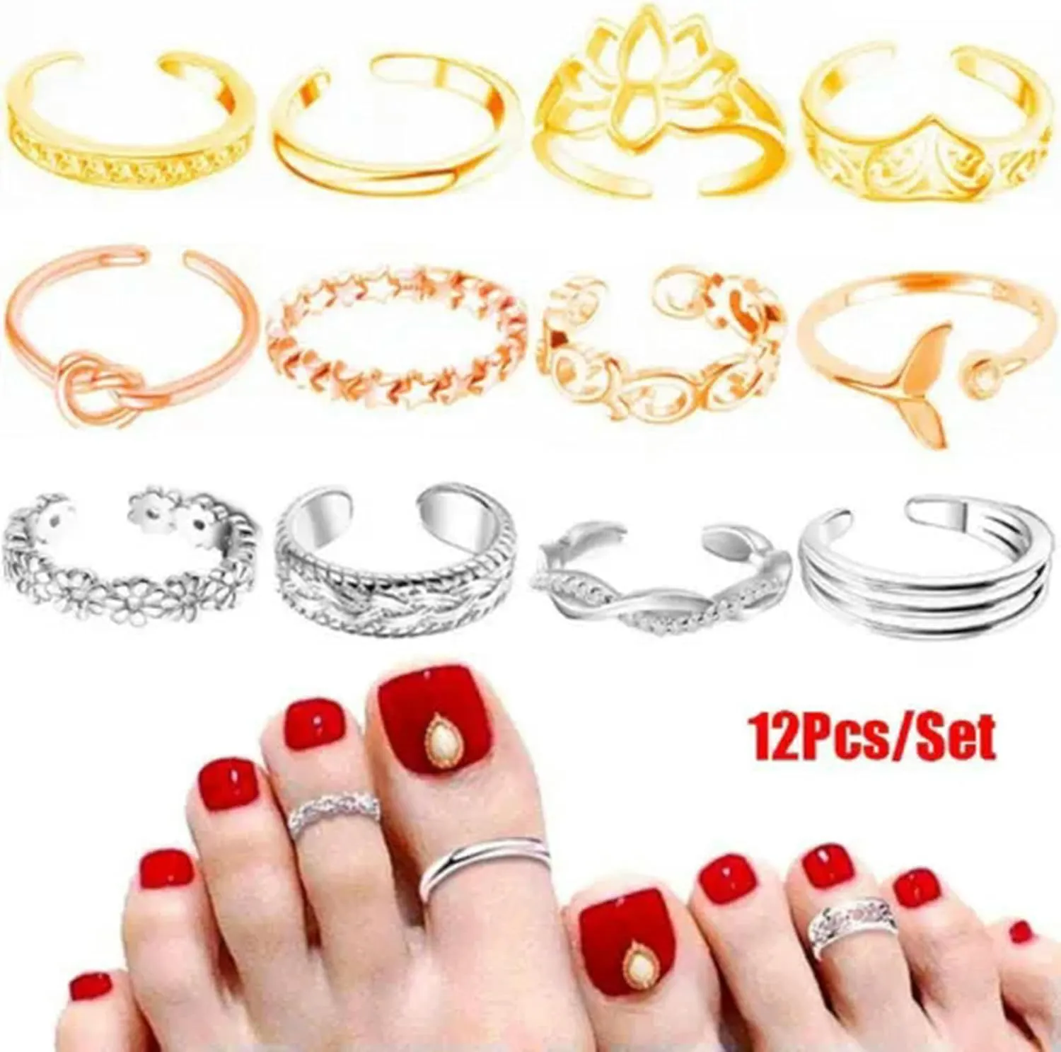 12Pcs/Set Jewelry Retro Open Toe Rings Foot Finger Charming Rings Adjustable-Silver