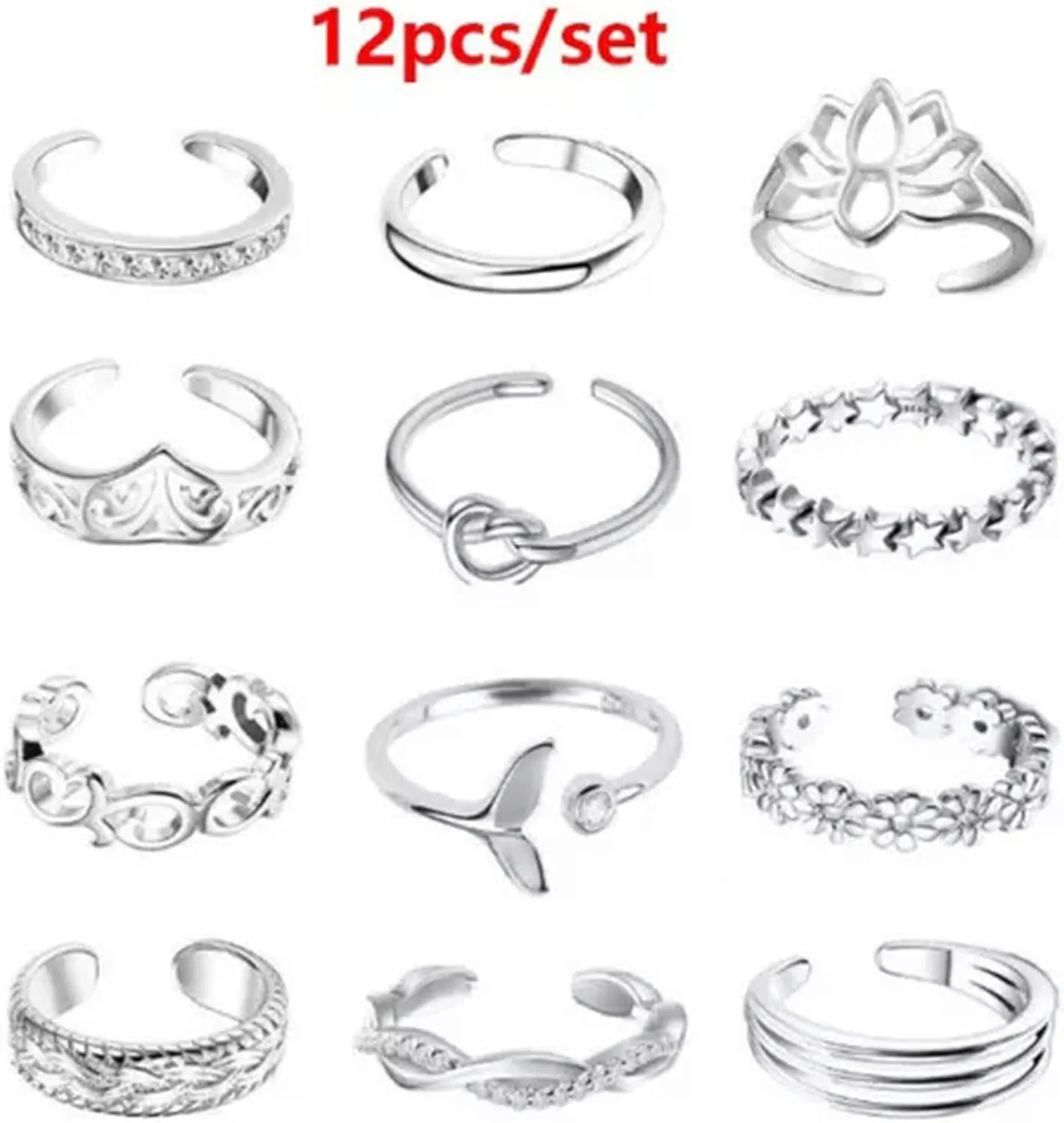 12Pcs/Set Jewelry Retro Open Toe Rings Foot Finger Charming Rings Adjustable-Silver