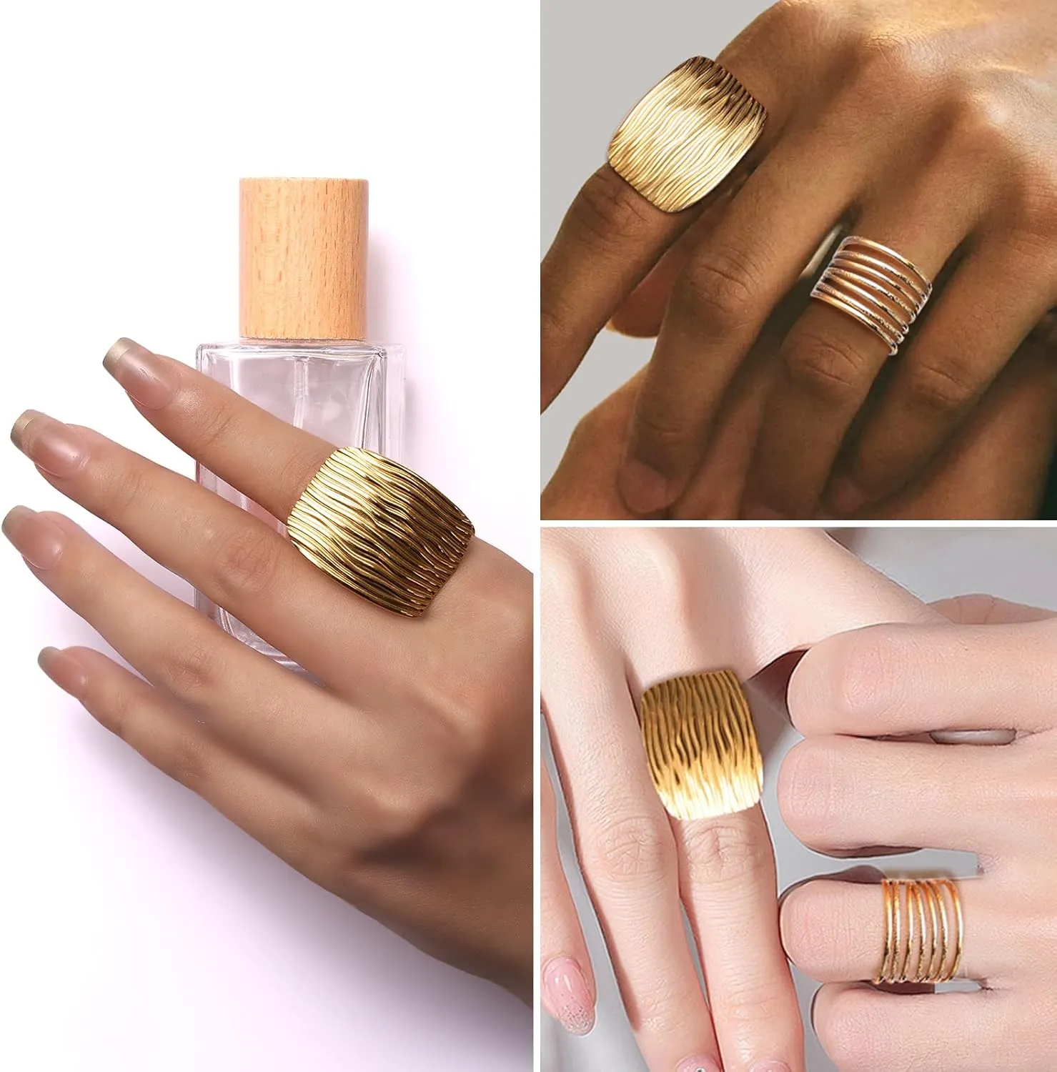 18K Gold Thick Stainless Steel Geometric Stackable Ring, Colorfast, Adjustable Wide Opening, Men's and Women's Couple Rings, Women's Stacking Rings.