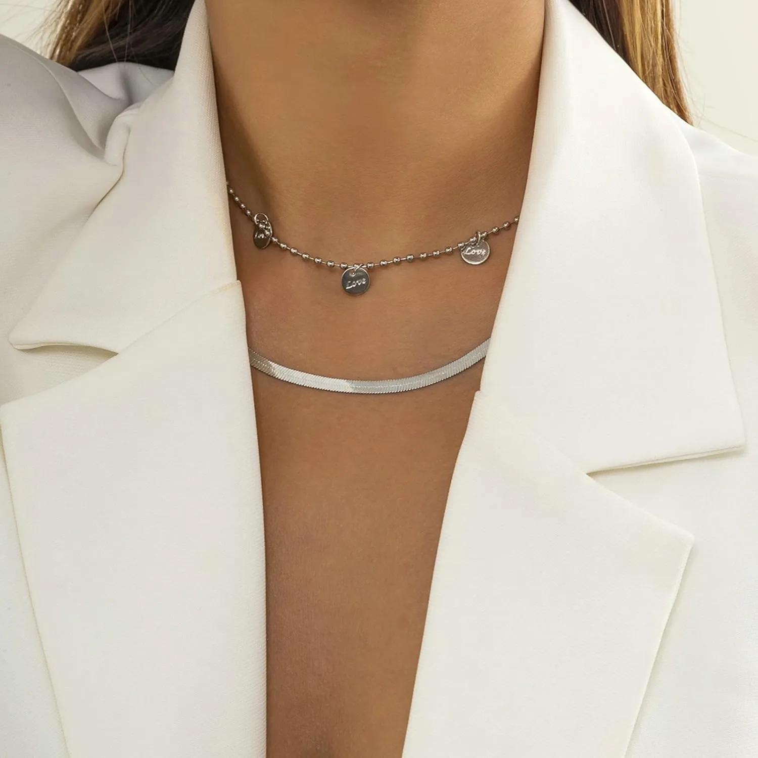 2 Layer Layered Necklaces Sets for Women , Love Flat Snake Chain Gold Layering Necklaces for Women
