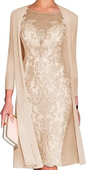 2 Piece Mother of The Bride Dresses with Jacket Chiffon Lace Sheath Evening Dresses for Wedding Guest Midi Length