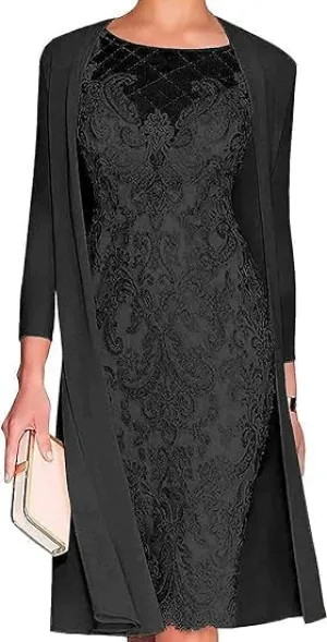 2 Piece Mother of The Bride Dresses with Jacket Chiffon Lace Sheath Evening Dresses for Wedding Guest Midi Length