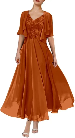 2 Piece Tea Length Mother of The Bride Dresses with Jacket A Line Formal Evening Gown with Pockets