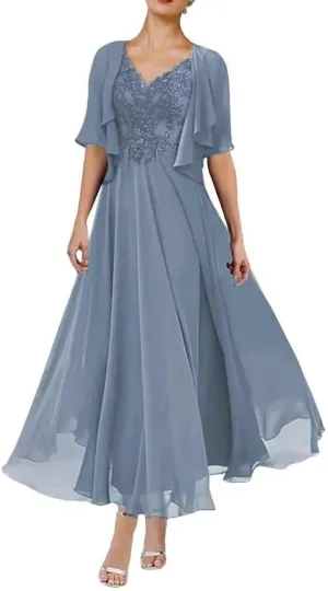 2 Piece Tea Length Mother of The Bride Dresses with Jacket A Line Formal Evening Gown with Pockets