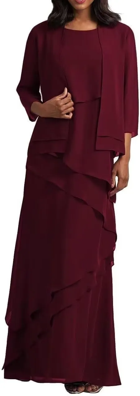 2-Pieces Mother of The Bride Dresses with Jacket Ruffle Chiffon Mother of Groom Dress Formal Evening Gowns
