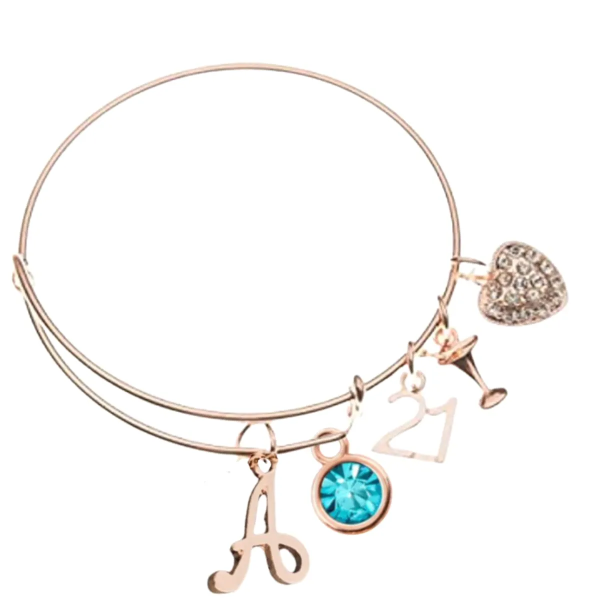 21st Birthday Gift, Personalized 21st Birthday Gifts for Her, Custom 21st Bday Adjustable Charm Bracelet with Initial Birthstone Charm