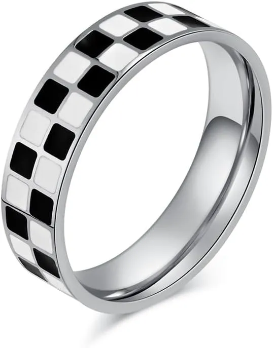 6mm 14K Gold Plated/Stainless Steel Checkerboard Band Rings - Polished Knuckle Statement Rings, Comfort Fit, Sizes 5-10