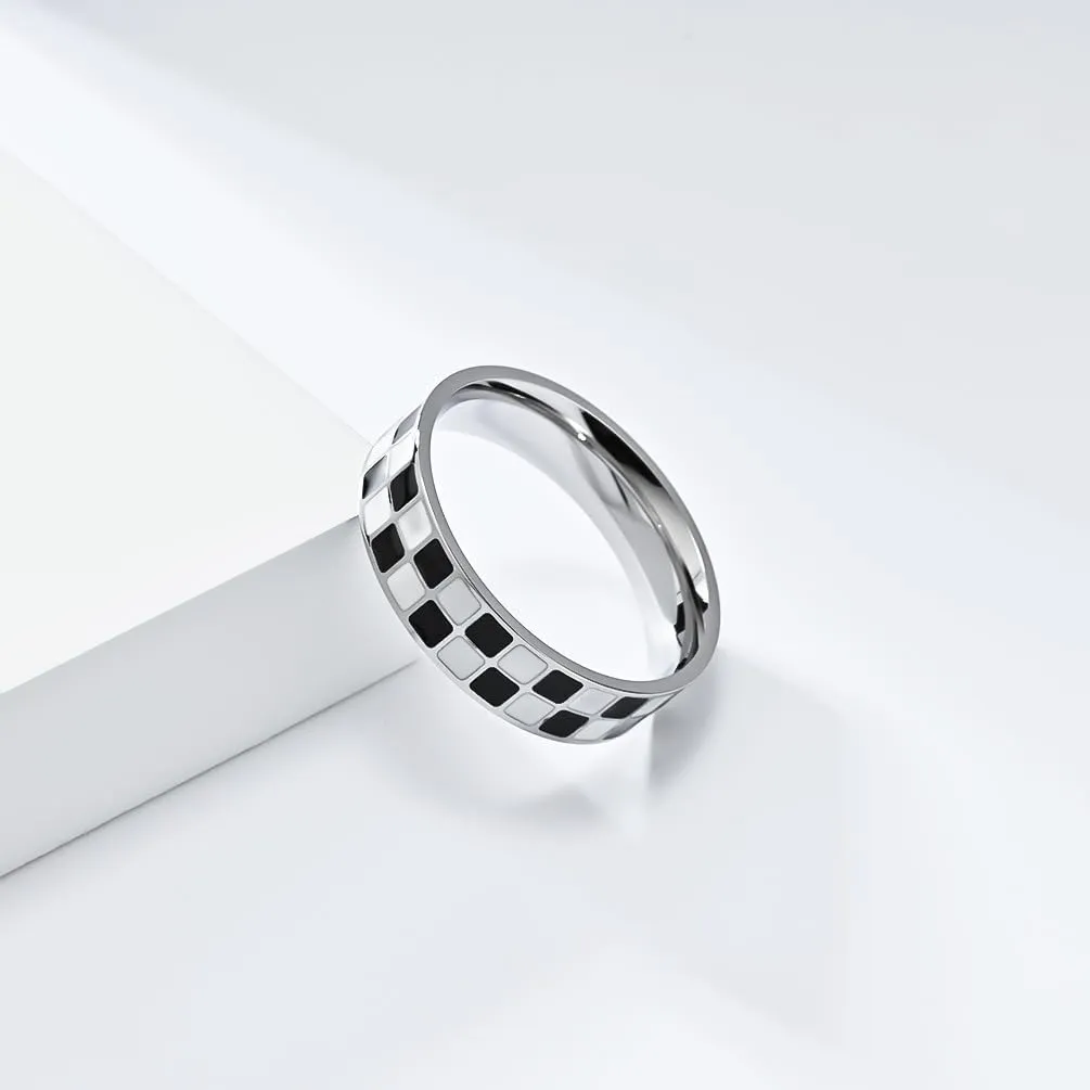 6mm 14K Gold Plated/Stainless Steel Checkerboard Band Rings - Polished Knuckle Statement Rings, Comfort Fit, Sizes 5-10