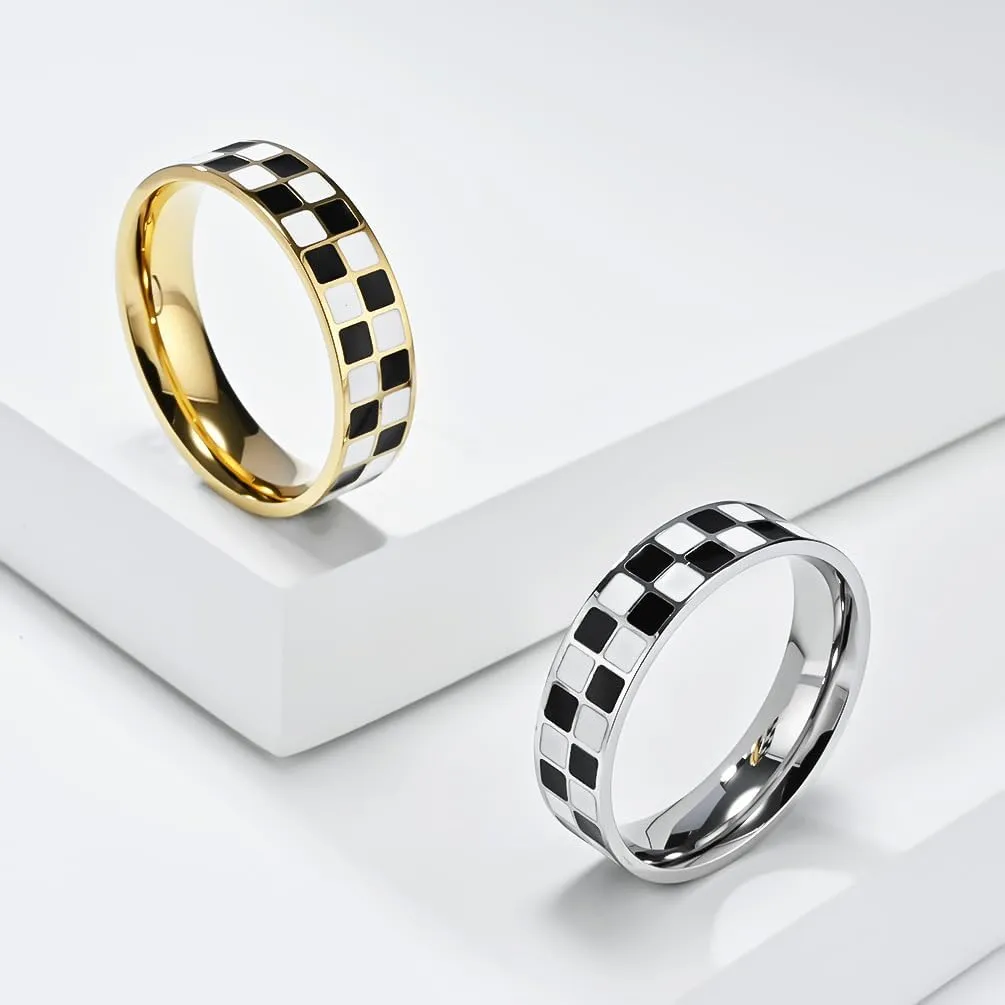 6mm 14K Gold Plated/Stainless Steel Checkerboard Band Rings - Polished Knuckle Statement Rings, Comfort Fit, Sizes 5-10