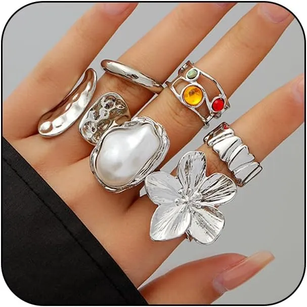 6Pcs Chunky Gold Geometric Flowers Stackable Rings Set for Women Exaggerated Baroque Pearl Stack Statement Ring Trendy Floral Costume Jewelry Gifts