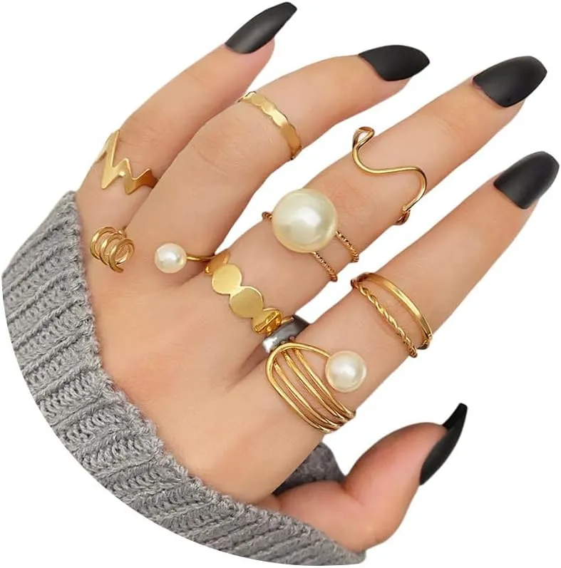 8Pcs Gold Pearl Ring Sets for Women Stackable Rings,Gothic Geometric Knuckle Vintage Hollow Carved Joint Finger Rings Set for Men Rings