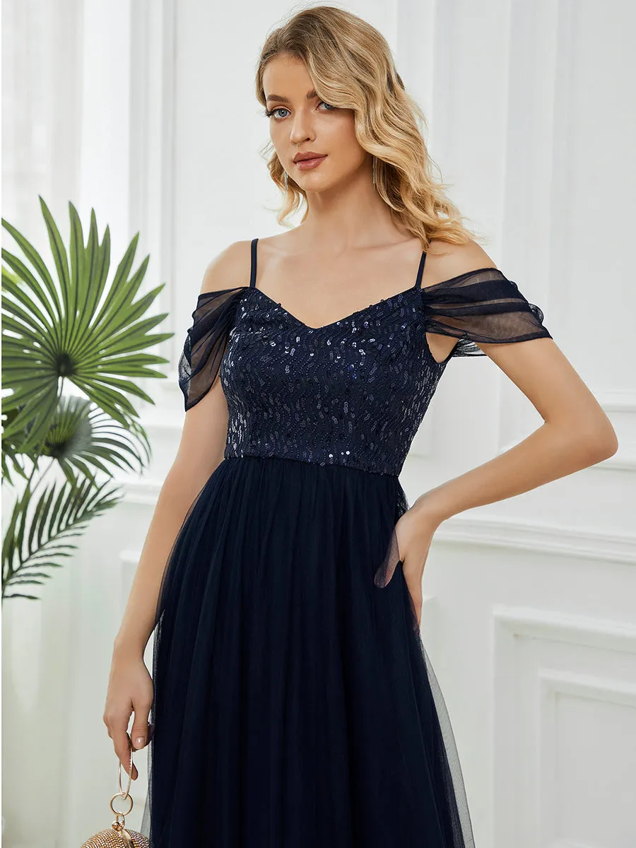 A-Line Sweetheart Neckline Ruffle Sleeve Tulle Wholesale Bridesmaid Dress