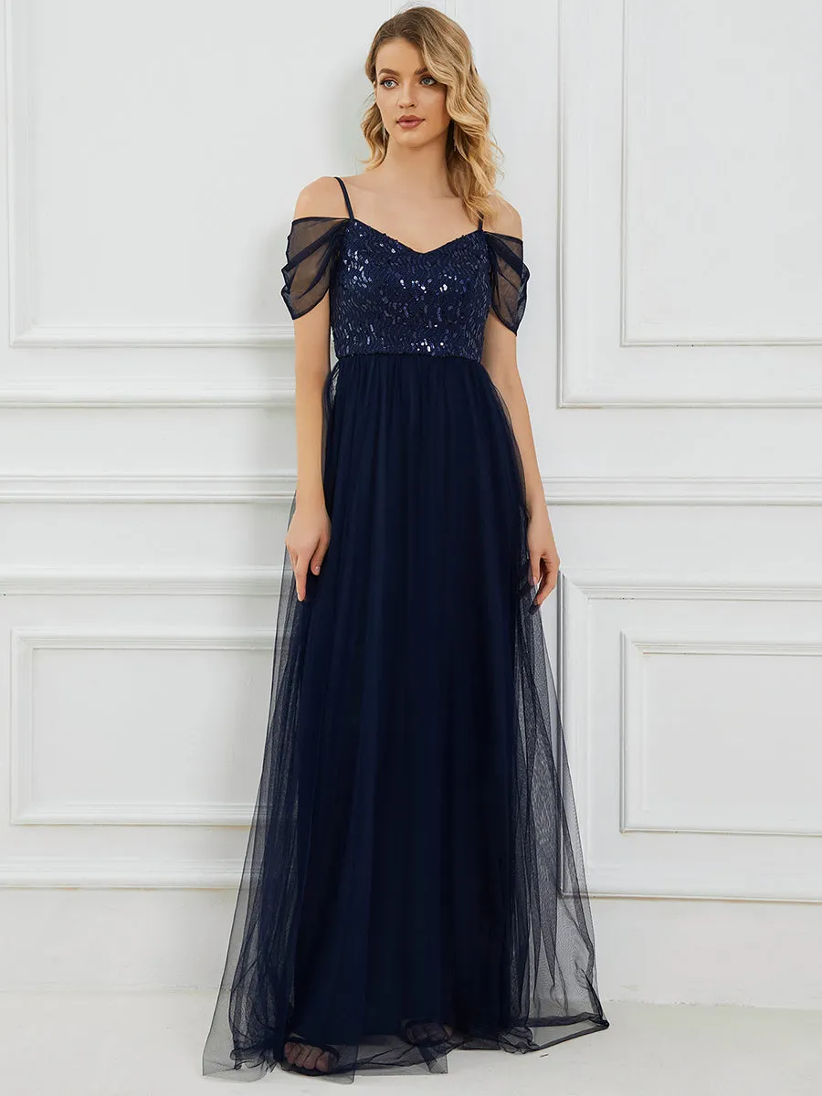 A-Line Sweetheart Neckline Ruffle Sleeve Tulle Wholesale Bridesmaid Dress