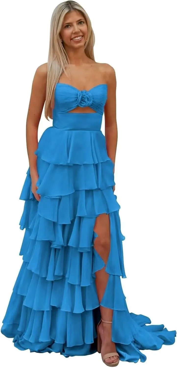 A-line Tiered Chiffon Ruffles Formal Evening Dress for Women, Long Party Strapless Prom Dress with Slit