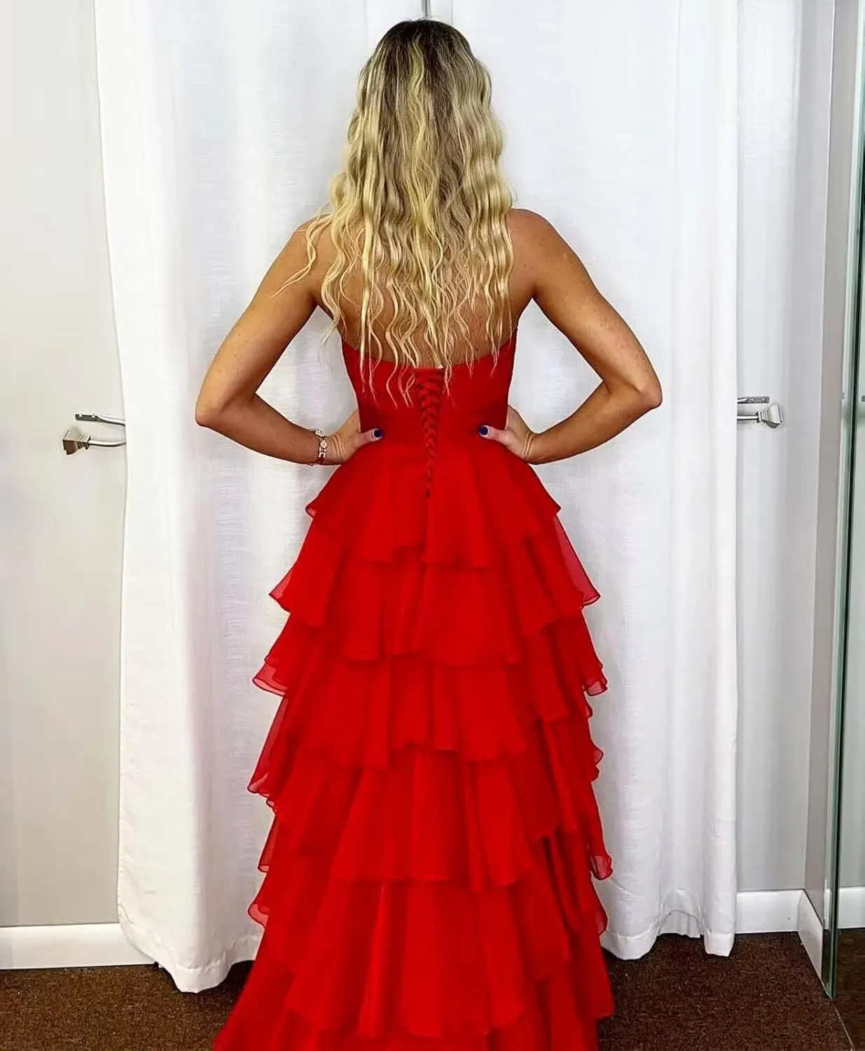 A-line Tiered Chiffon Ruffles Formal Evening Dress for Women, Long Party Strapless Prom Dress with Slit