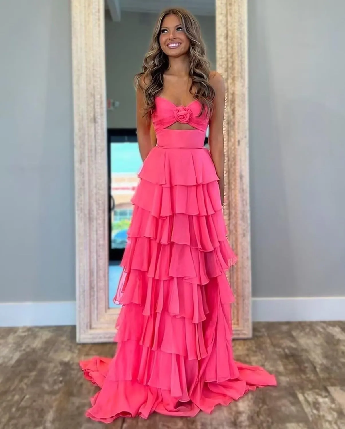 A-line Tiered Chiffon Ruffles Formal Evening Dress for Women, Long Party Strapless Prom Dress with Slit