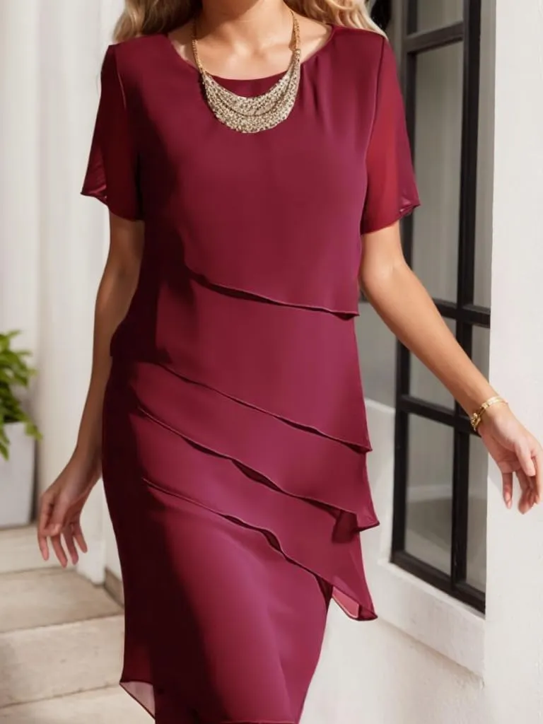 Akivide Women's Flowy Chiffon Tiered Midi Dress Summer Elegant Short Sleeve Layered Cocktail Dresses