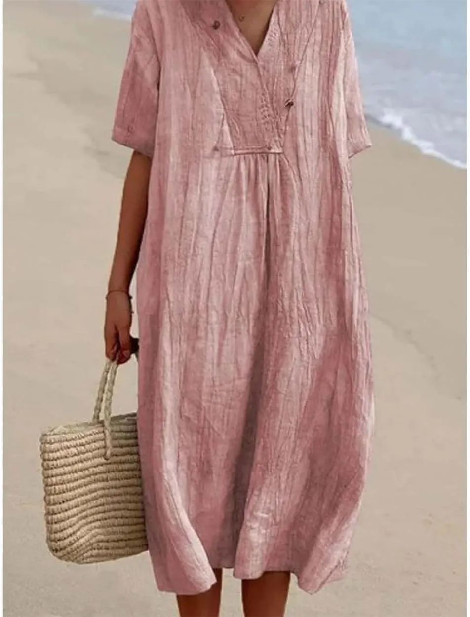 Akivide Women's Summer Cotton Linen Midi Dresses Casual Loose Short Sleeve V Neck Solid Beach Vacation Tshirt Dress