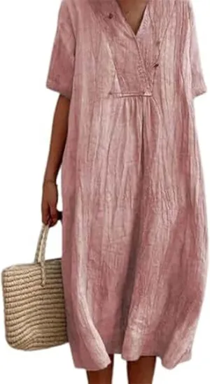 Akivide Women's Summer Cotton Linen Midi Dresses Casual Loose Short Sleeve V Neck Solid Beach Vacation Tshirt Dress