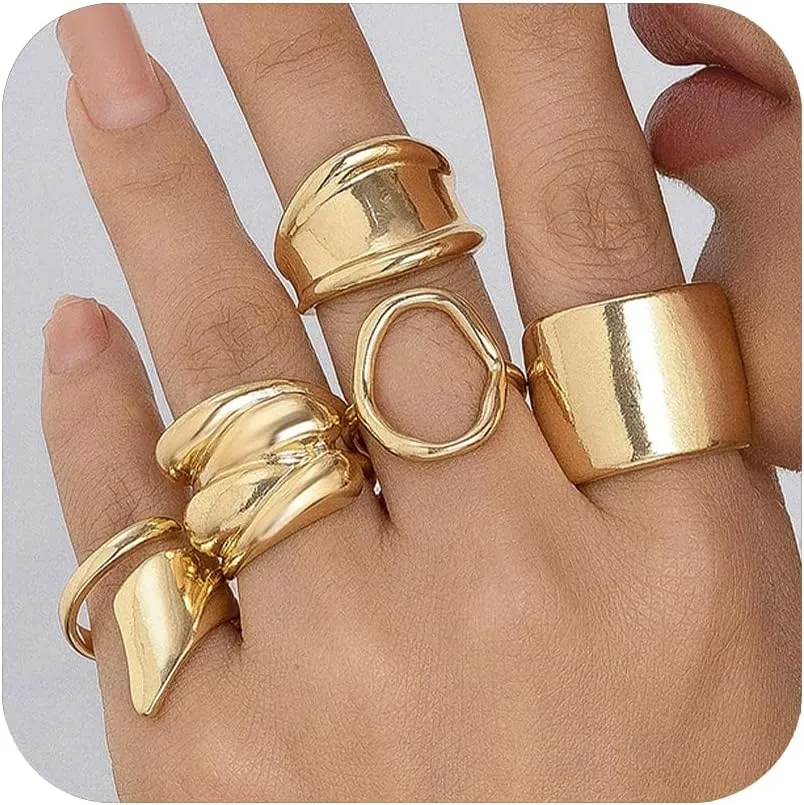 ALEXTINA Chunky Gold Rings for Women Adjustable Stackable Gold Ring Set, Bold Statement Dome and Knuckle Stacking Rings, 14K Gold Plated Jewelry