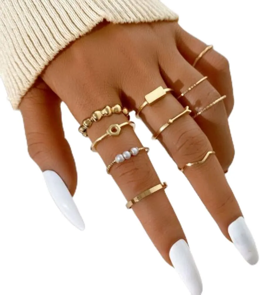 Alloy Arrow Bow Knot Open Ring 10 Piece Set Pearl Index Knuckle Ring