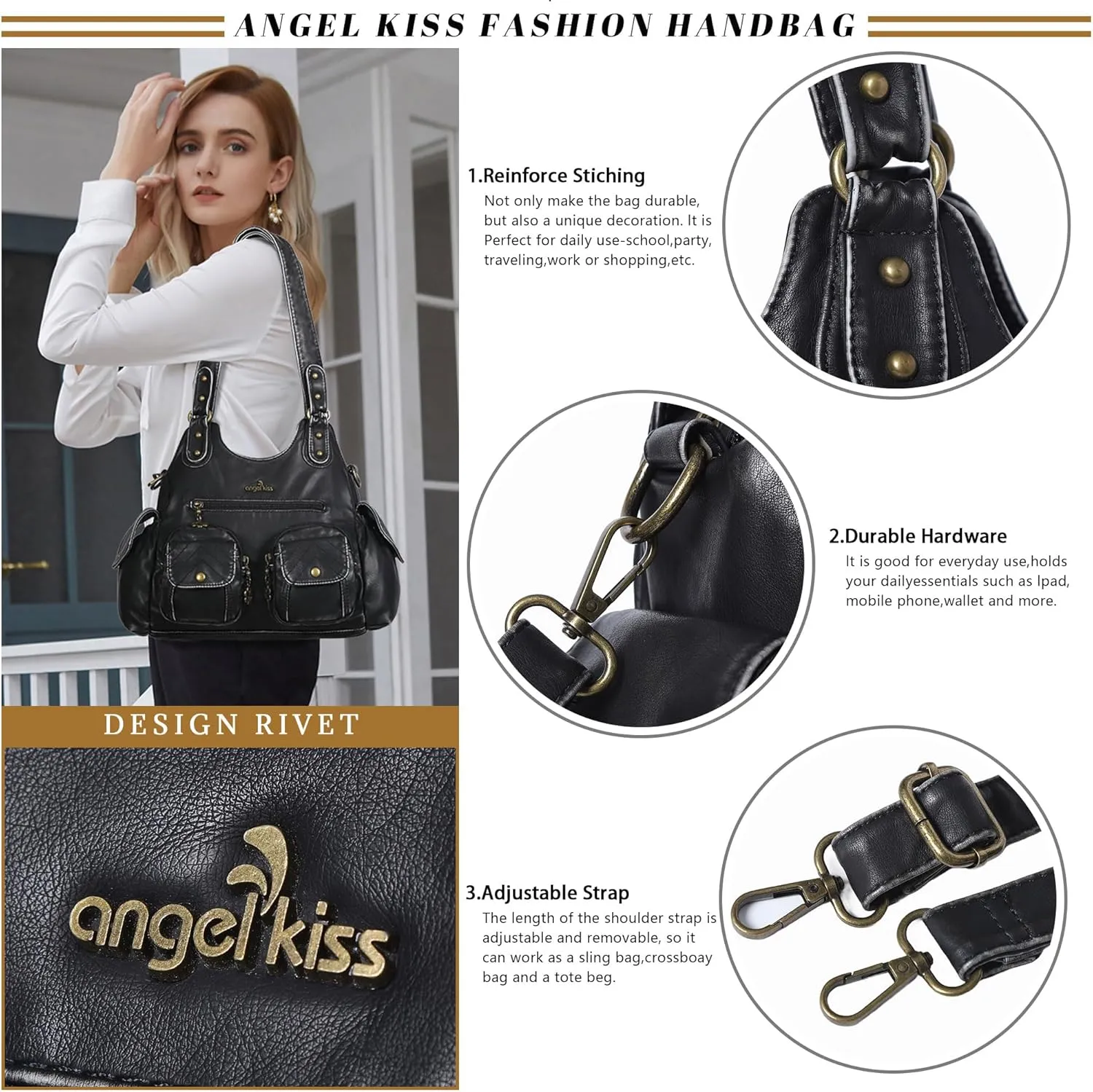 Angel Kiss Handbags for Women Large Hobo Bag Soft PU Leather Shoulder Bag for Women