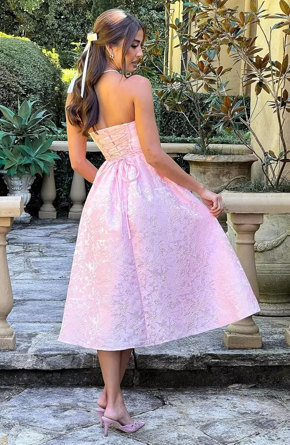 Basgute Floral Jacquard Satin Tea Length Prom Dresses for Women A Line Strapless Midi Corset Formal Evening Party Gown