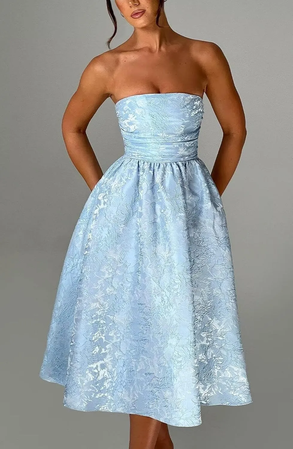 Basgute Floral Jacquard Satin Tea Length Prom Dresses for Women A Line Strapless Midi Corset Formal Evening Party Gown