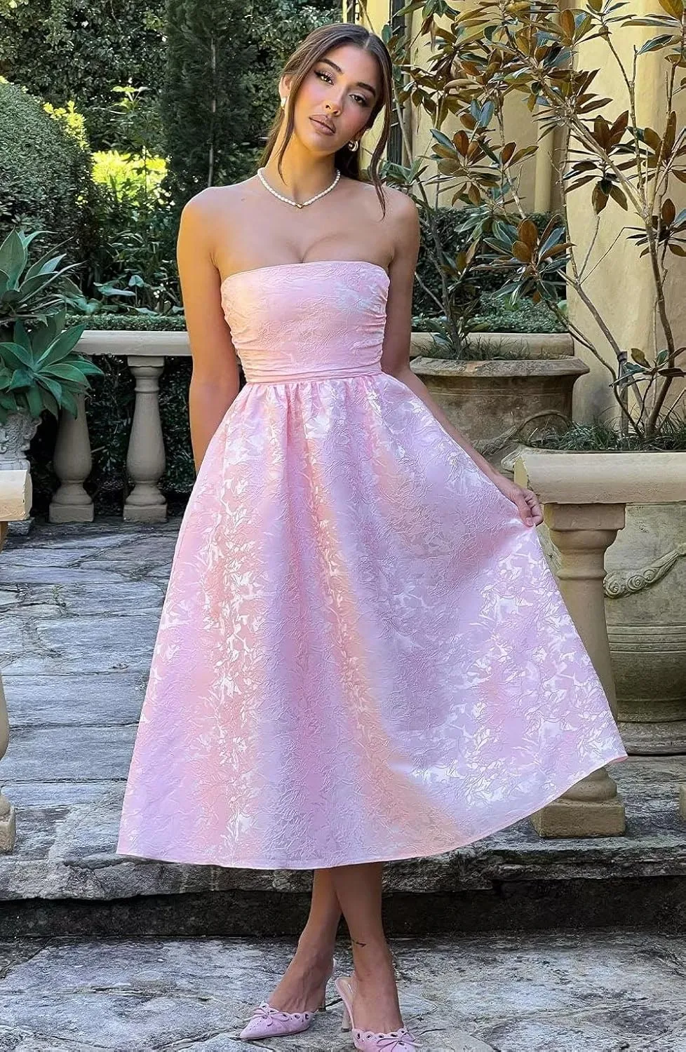Basgute Floral Jacquard Satin Tea Length Prom Dresses for Women A Line Strapless Midi Corset Formal Evening Party Gown