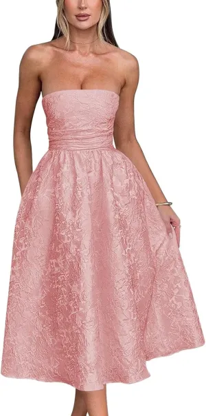 Basgute Floral Jacquard Satin Tea Length Prom Dresses for Women A Line Strapless Midi Corset Formal Evening Party Gown