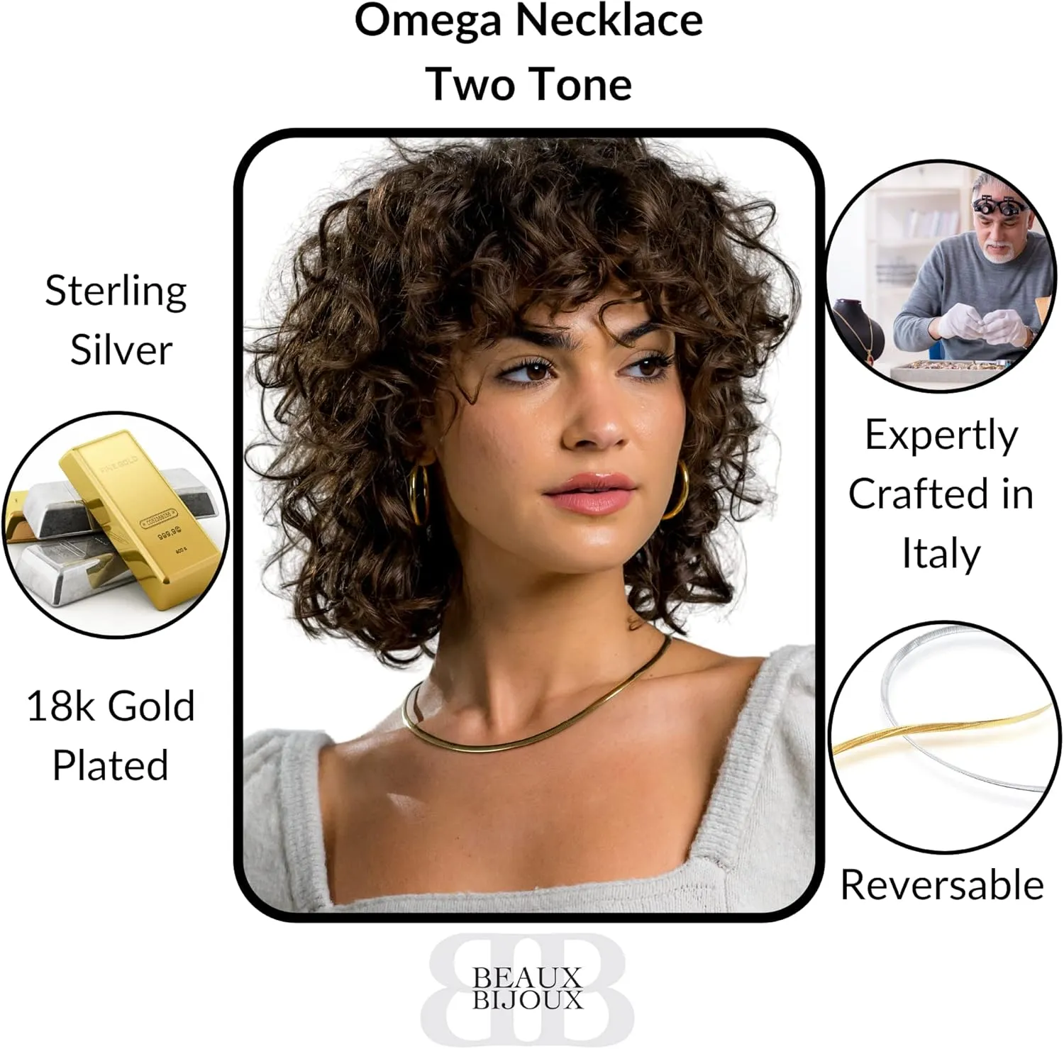 Beaux Bijoux Gold Chain Necklaces for Women | Herringbone, Paperclip, Omega Chains | Gold Plated Silver | Women's Trendy Layering Necklaces | Choose Width and Length | Gold Necklaces for Women