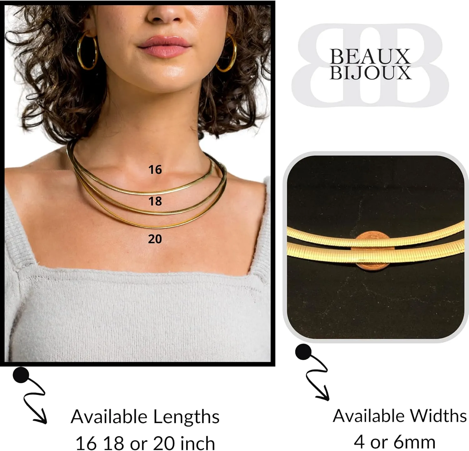 Beaux Bijoux Gold Chain Necklaces for Women | Herringbone, Paperclip, Omega Chains | Gold Plated Silver | Women's Trendy Layering Necklaces | Choose Width and Length | Gold Necklaces for Women