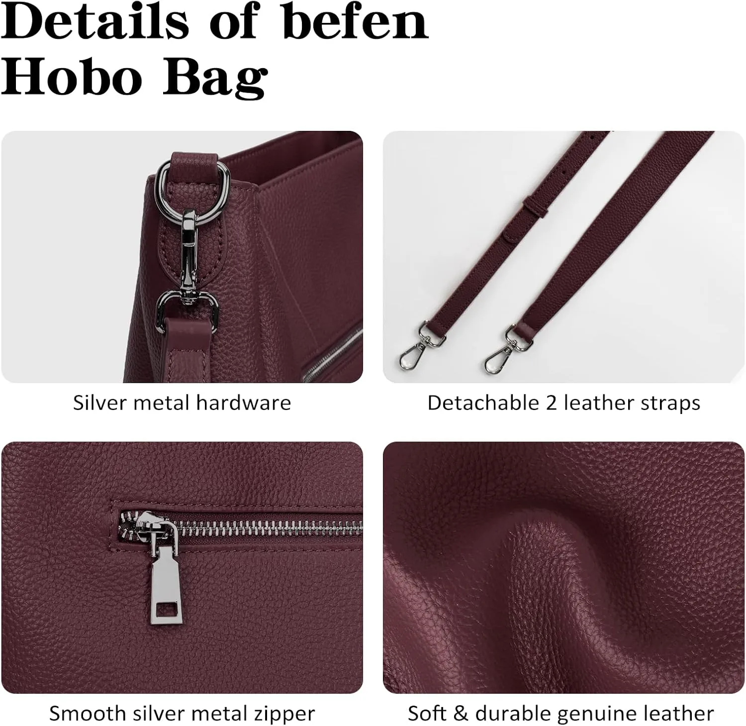 befen Genuine Leather Hobo Bags Purses for Women, Women's Shoulder bag Handbags Crossbody Bag with 2 Shoulder Straps