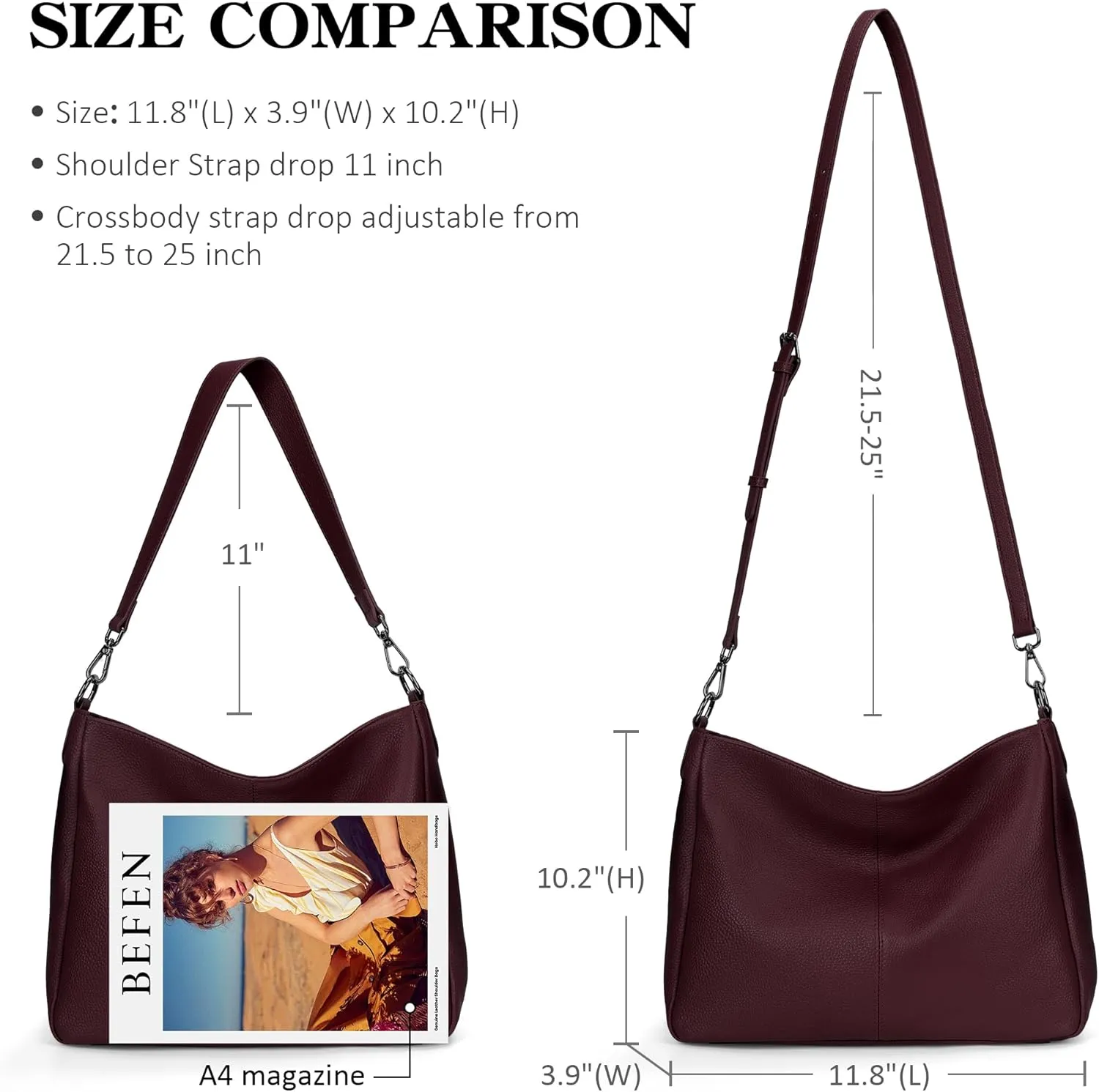 befen Genuine Leather Hobo Bags Purses for Women, Women's Shoulder bag Handbags Crossbody Bag with 2 Shoulder Straps