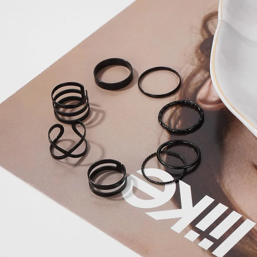 Black Knuckle Rings Set for Women Vintage Stackable Midi Rings Boho Crystal Pearl Sea Wave Finger Ring Pack