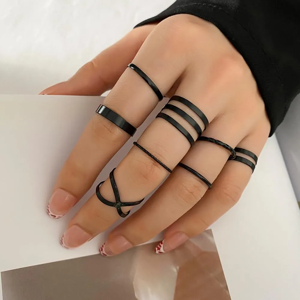 Black Knuckle Rings Set for Women Vintage Stackable Midi Rings Boho Crystal Pearl Sea Wave Finger Ring Pack