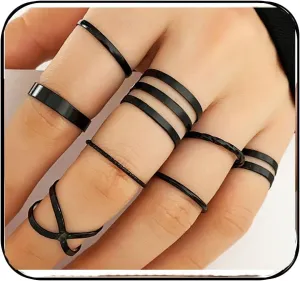 Black Knuckle Rings Set for Women Vintage Stackable Midi Rings Boho Crystal Pearl Sea Wave Finger Ring Pack