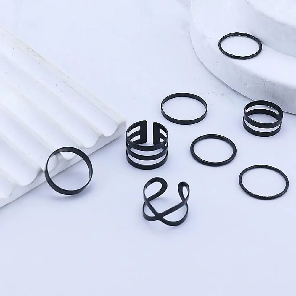 Black Knuckle Rings Set for Women Vintage Stackable Midi Rings Boho Crystal Pearl Sea Wave Finger Ring Pack