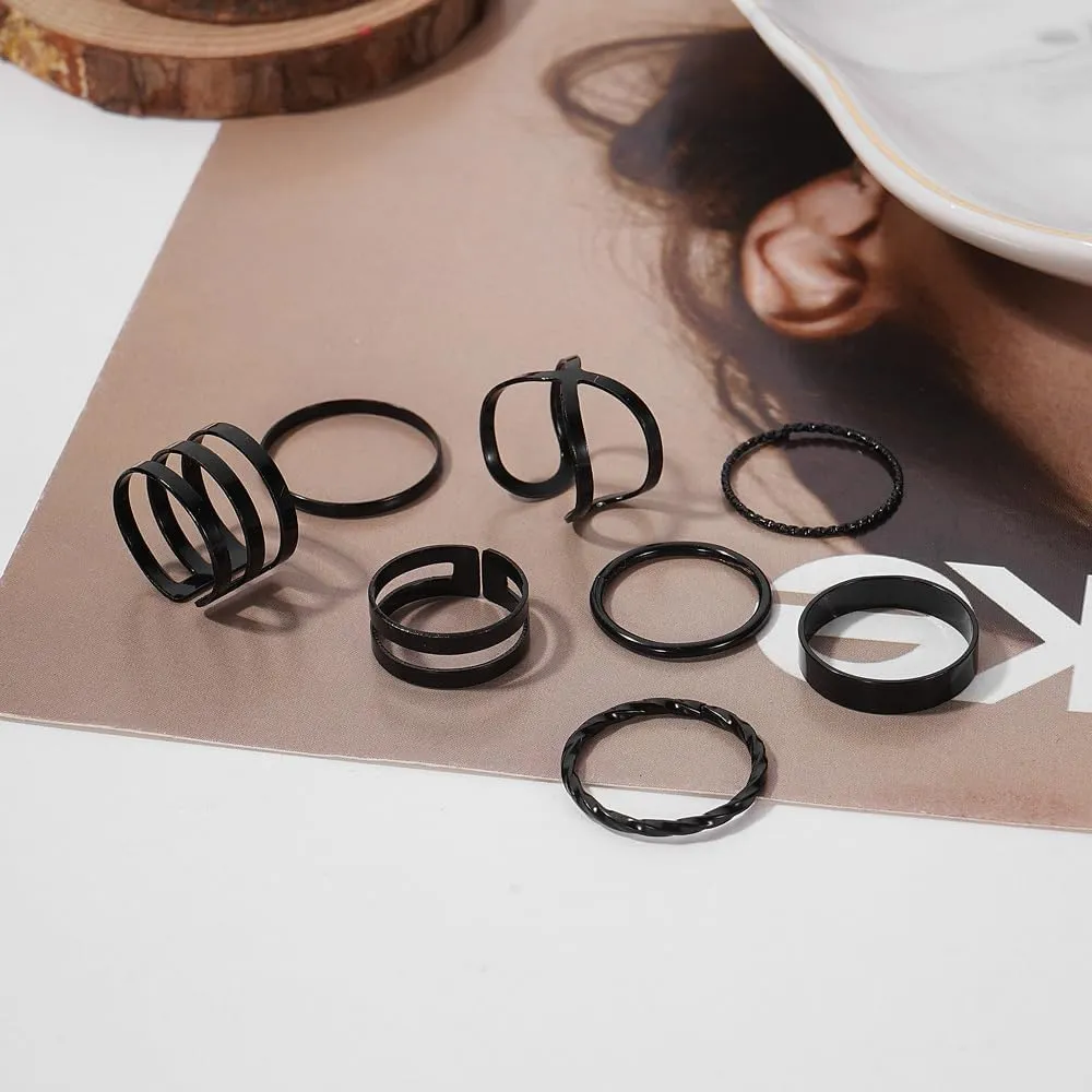 Black Knuckle Rings Set for Women Vintage Stackable Midi Rings Boho Crystal Pearl Sea Wave Finger Ring Pack