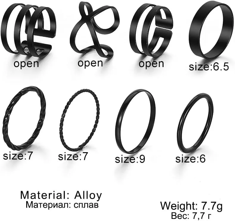 Black Knuckle Rings Set for Women Vintage Stackable Midi Rings Boho Crystal Pearl Sea Wave Finger Ring Pack