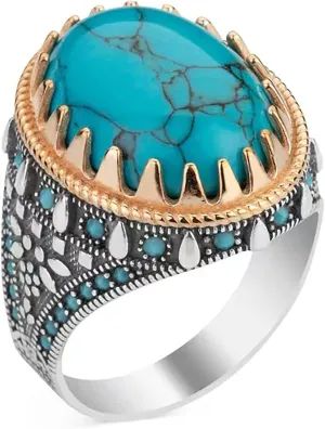 Blue Turquoise Solid 925 Sterling Silver Ring Unique Design Turkish Handmade Ring with Gemstone