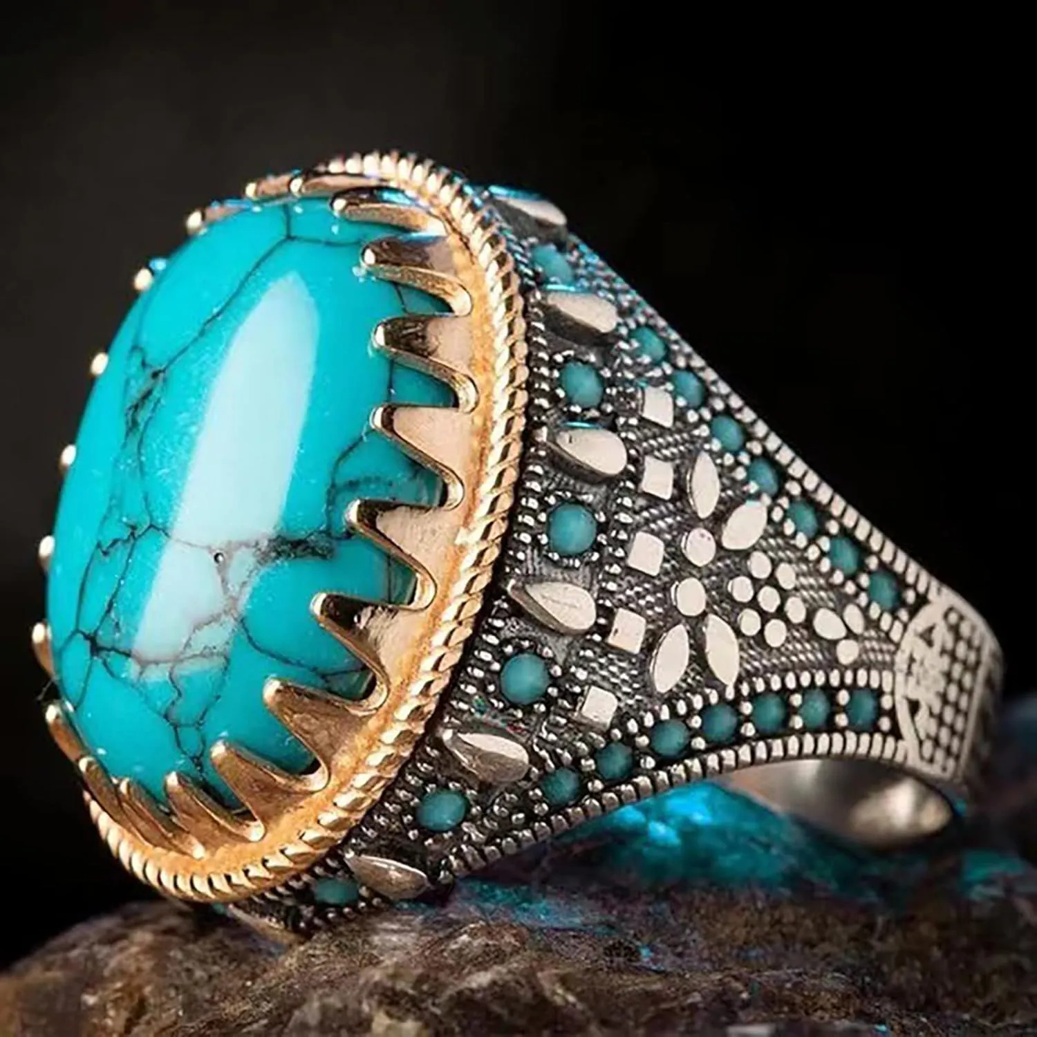 Blue Turquoise Solid 925 Sterling Silver Ring Unique Design Turkish Handmade Ring with Gemstone