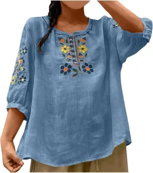 Boho Cute Cotton Linen Shirts Women Retro Embroidered Floral 3/4 Sleeve Tops Dressy Casual Loose Henley Neck Blouses