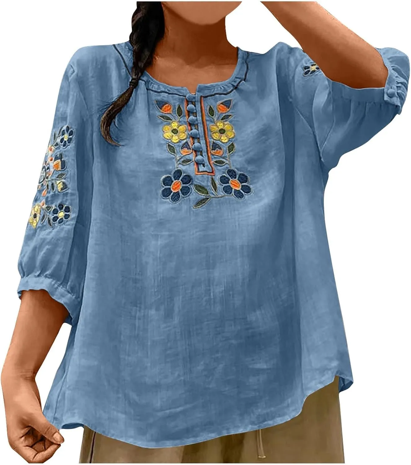 Boho Cute Cotton Linen Shirts Women Retro Embroidered Floral 3/4 Sleeve Tops Dressy Casual Loose Henley Neck Blouses