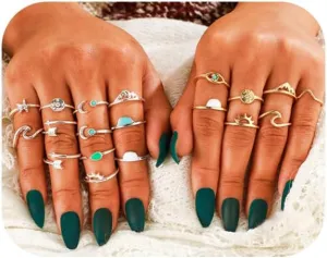 Boho Knuckle Rings Set for Women,Retro Gold Stackable Rings Dainty Turquoise Joint Finger Midi Rings Set Hollow Star Moon Multiple Rings Pack Bulk
