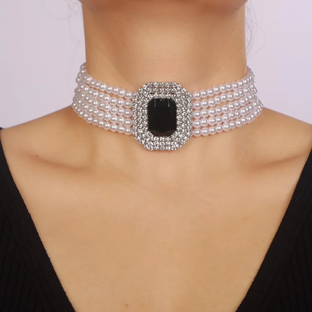 Boho Women Multilayer 1920s Black Green Red Silver Rhinestone Necklaces Dainty Pearls Layered Choker Necklaces Fashion Chunky Pearls Pendant Multilayer Adjustable Layering Chain Necklaces for Women