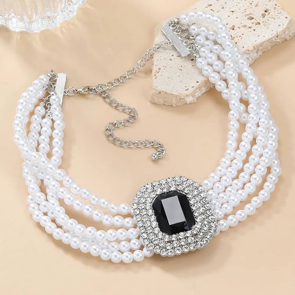 Boho Women Multilayer 1920s Black Green Red Silver Rhinestone Necklaces Dainty Pearls Layered Choker Necklaces Fashion Chunky Pearls Pendant Multilayer Adjustable Layering Chain Necklaces for Women